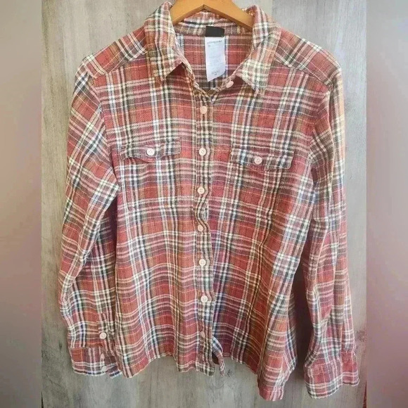 Patagonia Organic Cotton Vintage Orange Plaid Button Up Flannel Size 10 Women’s - Picture 1 of 8